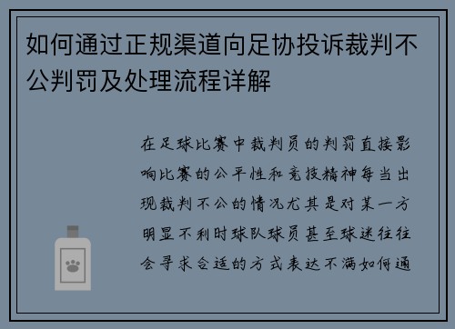 如何通过正规渠道向足协投诉裁判不公判罚及处理流程详解