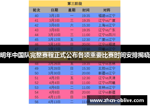 明年中国队完整赛程正式公布各项重要比赛时间安排揭晓